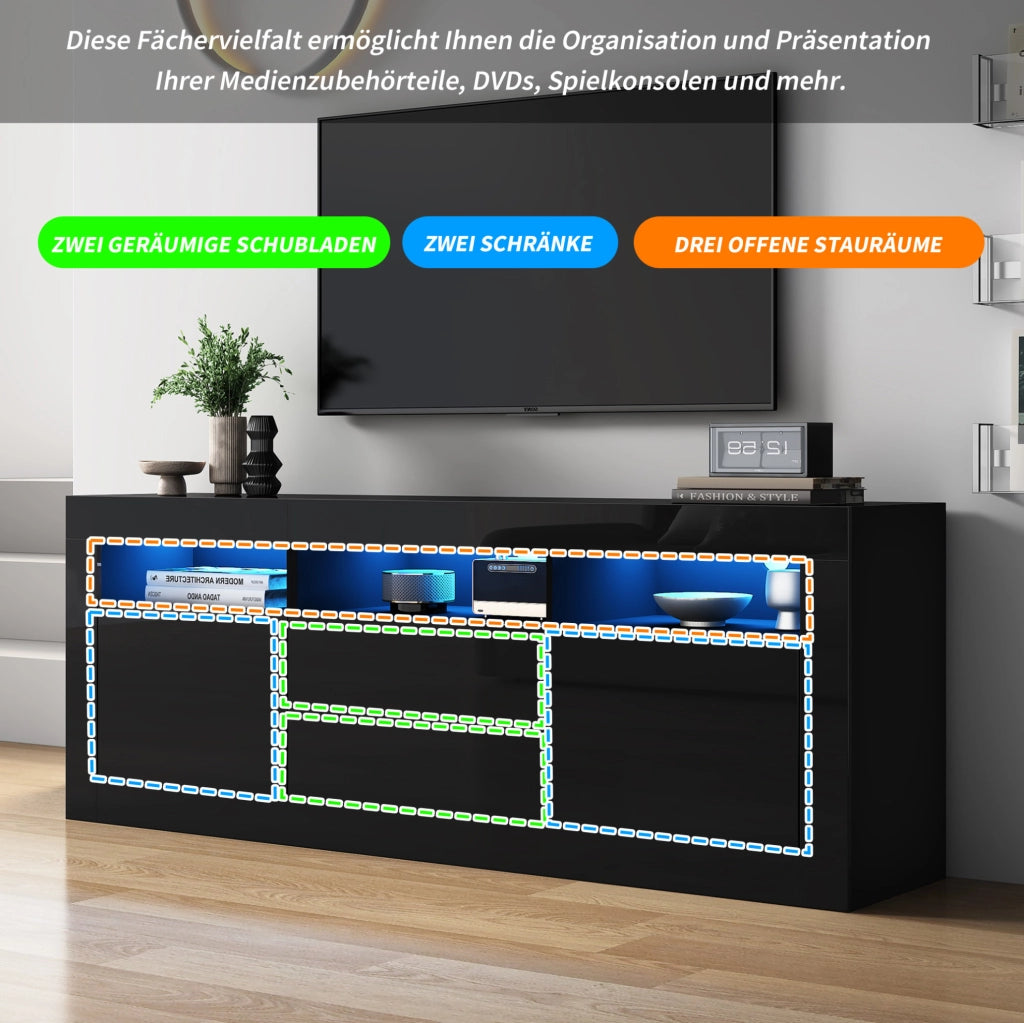 Mobile TV nero lucido 160x35x60 cm con LED Bluetooth, 2 ante e 2 cassetti