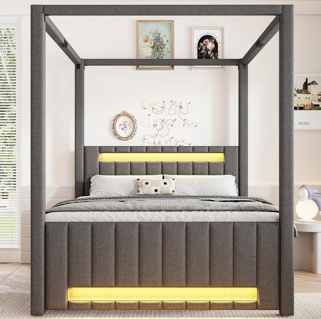 Letto a baldacchino imbottito 140x200 cm con letto estraibile e LED