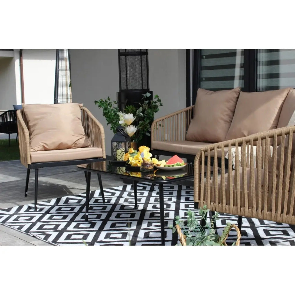 Set da giardino 4 posti STRAPA beige con corda intrecciata e tavolino basso