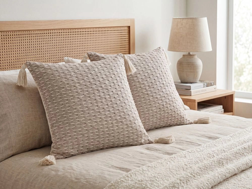 Set di 2 cuscini in poliestere tortora 42 x 42 cm con nappe imbottitura soggiorno camera da letto