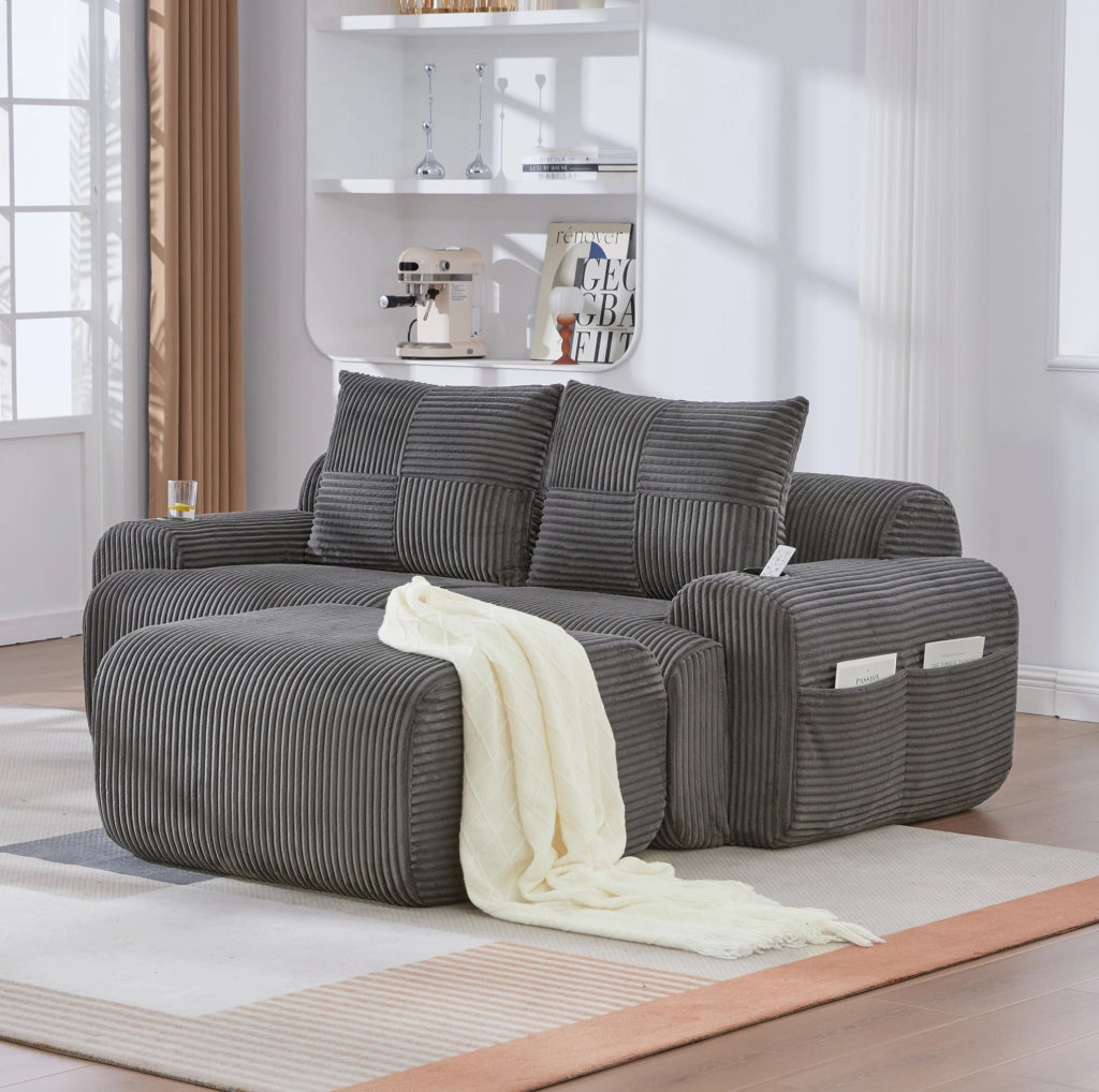 Divano modulare 2 posti con pouf; portabicchieri e tasca laterale; velluto a coste grigio scuro