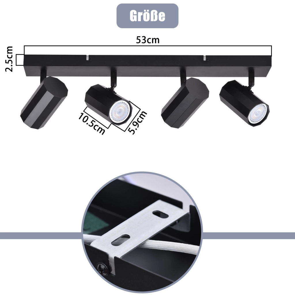 ZMH Faretto da soffitto neri 4 luci GU10 orientabili 350° stile retrò metallo max 25W senza lampadina