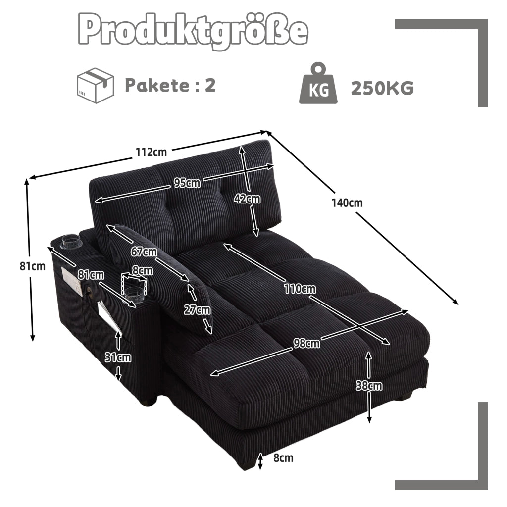 Poltrona Lounge con Poggiatesta Regolabile; Portabicchieri; Tasca Laterale e USB; in Velluto a Coste Nero
