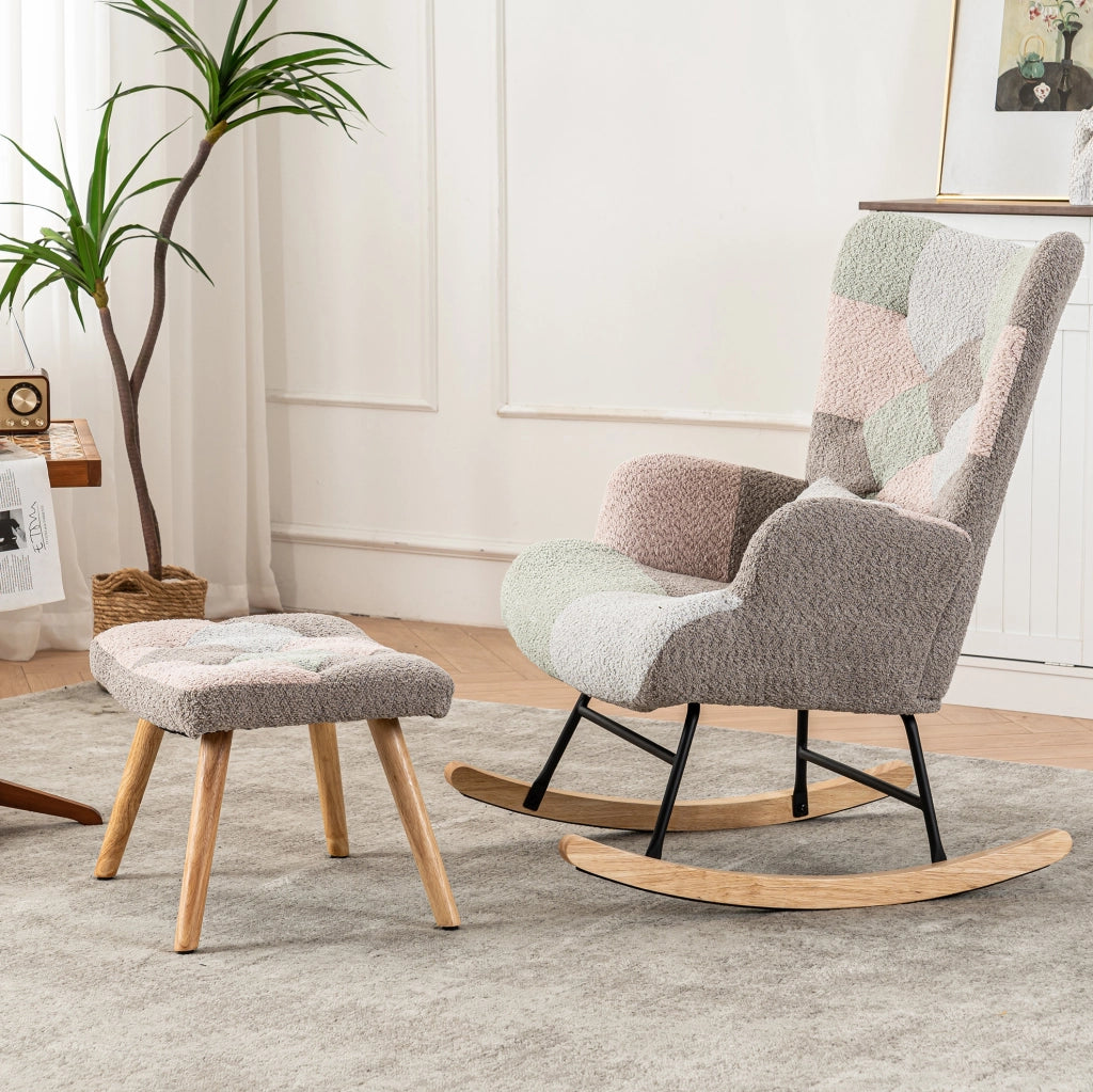 Sedia a dondolo ULEVR 93 cm con poggiapiedi, cuscino lombare e tasca laterale, multicolore