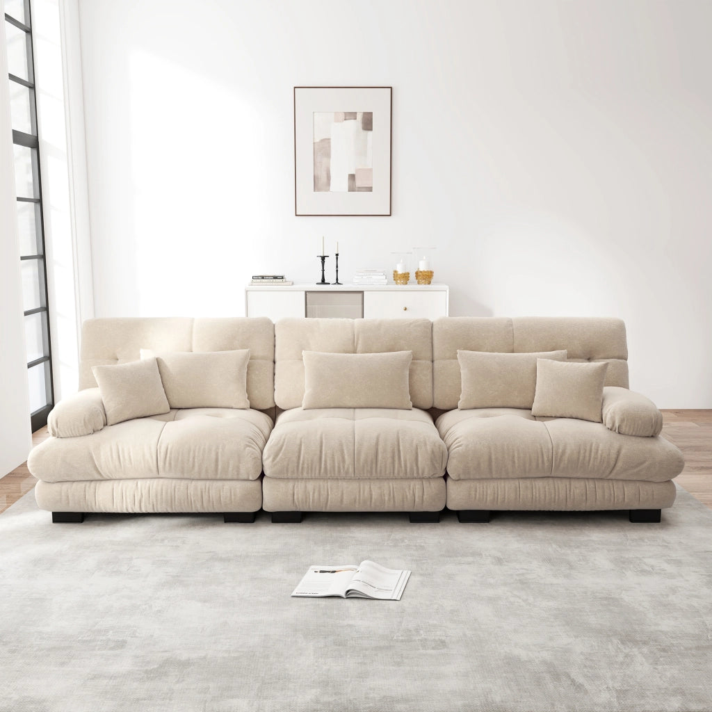 Divano modulare angolare 3 posti con seduta profonda e cuscini, in tessuto chenille, marrone chiaro vintage