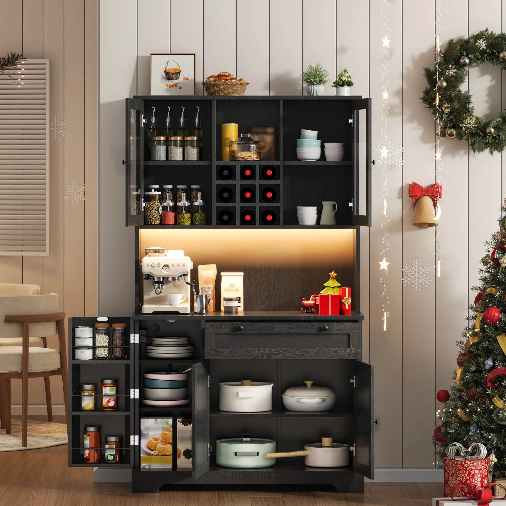 Credenza da Cucina Alta con 5 Ante e 1 Cassetto; LED e Prese; Ripiani Regolabili; in MDF; 105x40x180 cm; Nero