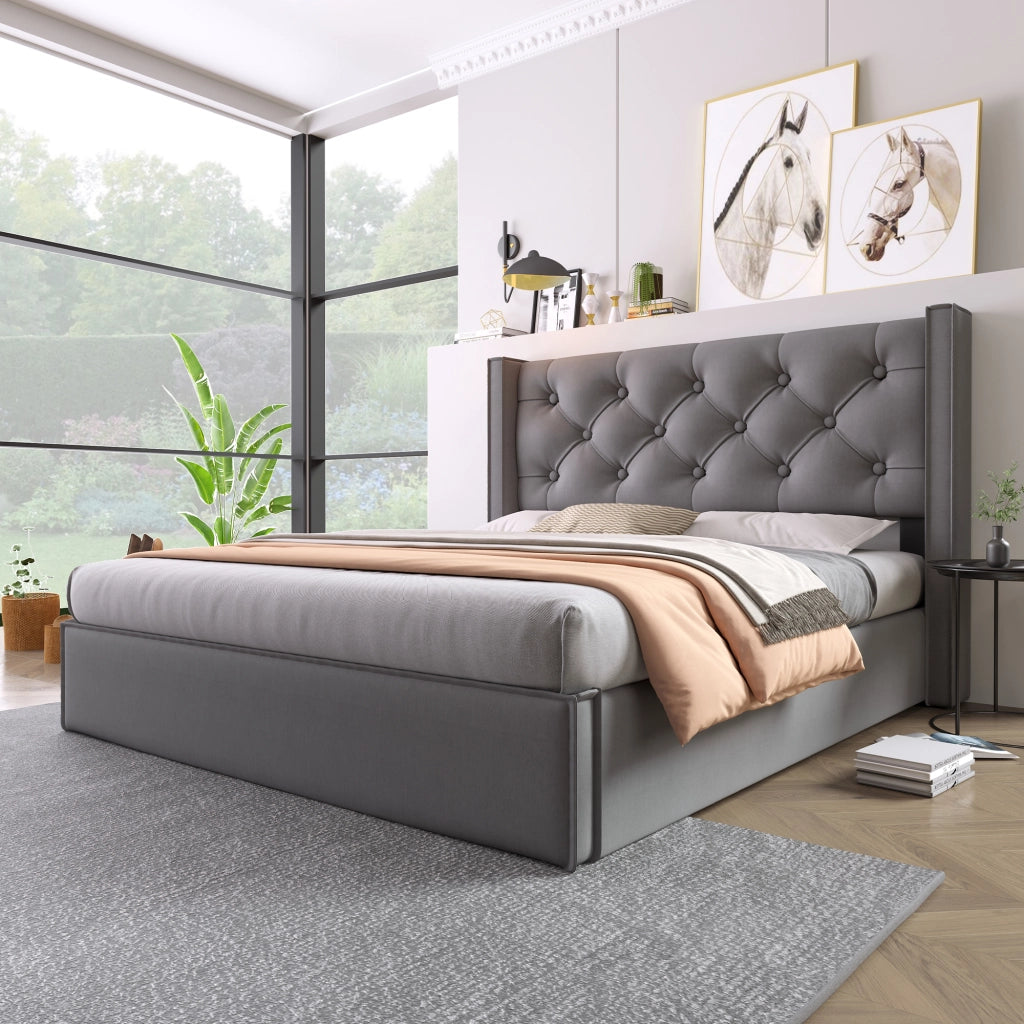 Letti contenitori 140x200 cm con testiera imbottita e rete sollevabile; legno; grigio (Senza materasso)