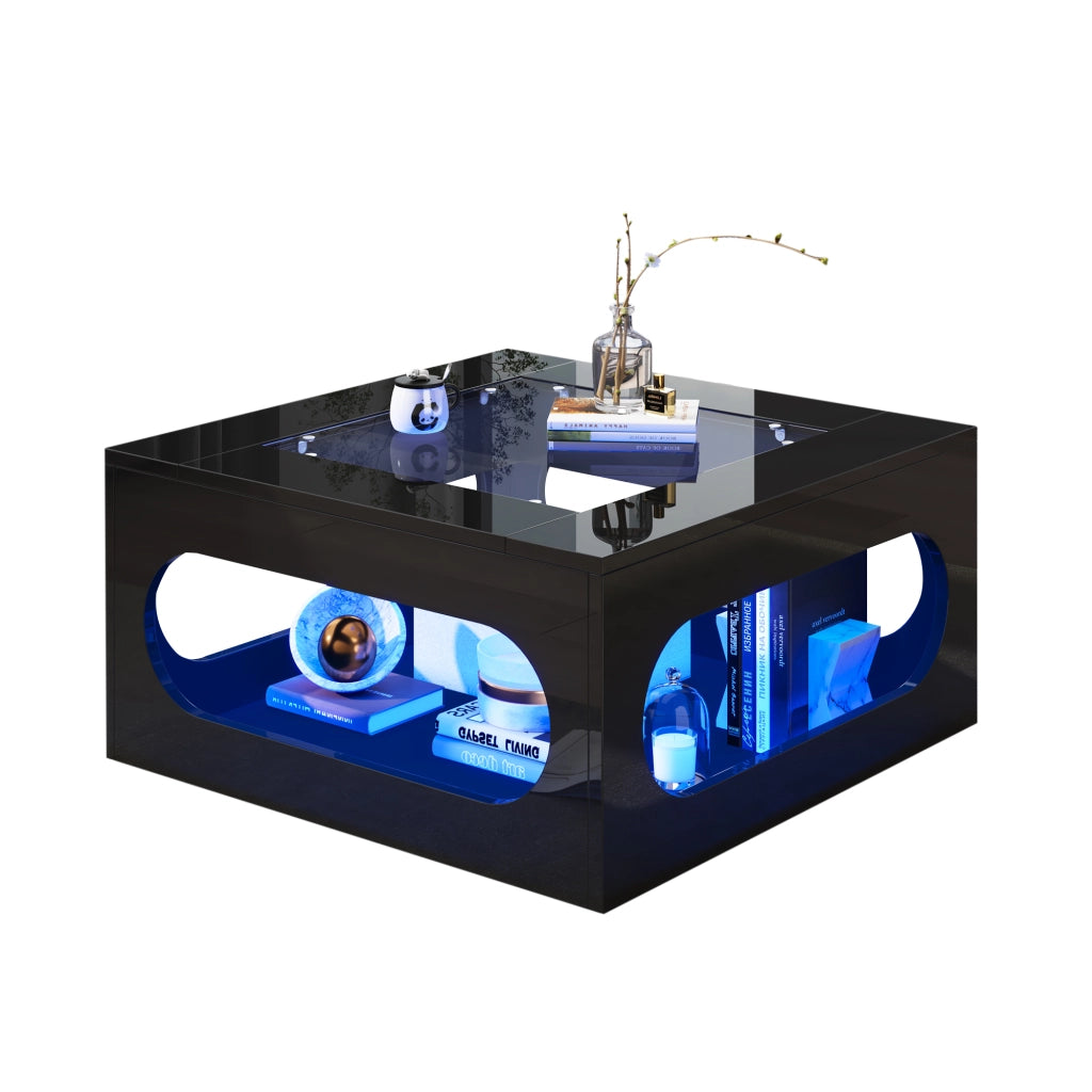 Tavolino da salotto 70x70x35 cm; design traforato con vetro temperato e LED; MDF nero