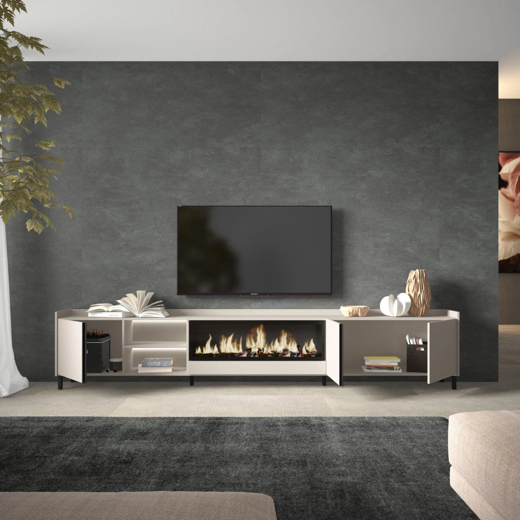 Mobile TV Soggiorno, 315x61x35 cm, Per TV fino a 80", Camino elettrico XXL, Design industriale, LED, Beige
