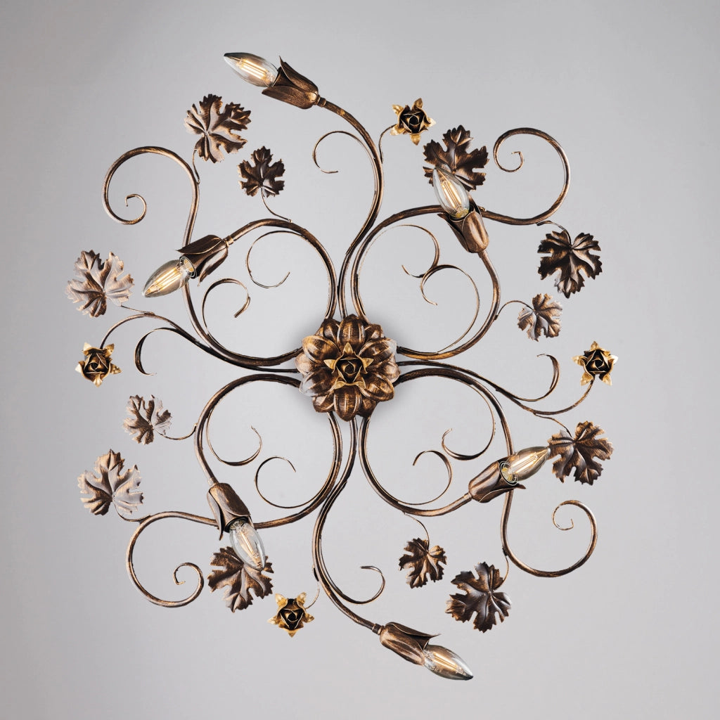 Iris - Plafoniera in ferro laccato marrone con decoraz. oro antico 6 luci - Ø79 X 67 - BL169-PL6-BR