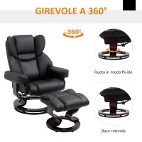 Poltrona Relax e Pouf Poggiapiedi, Reclinabile a 145° con Seduta Girevole in Finta Pelle, Nero