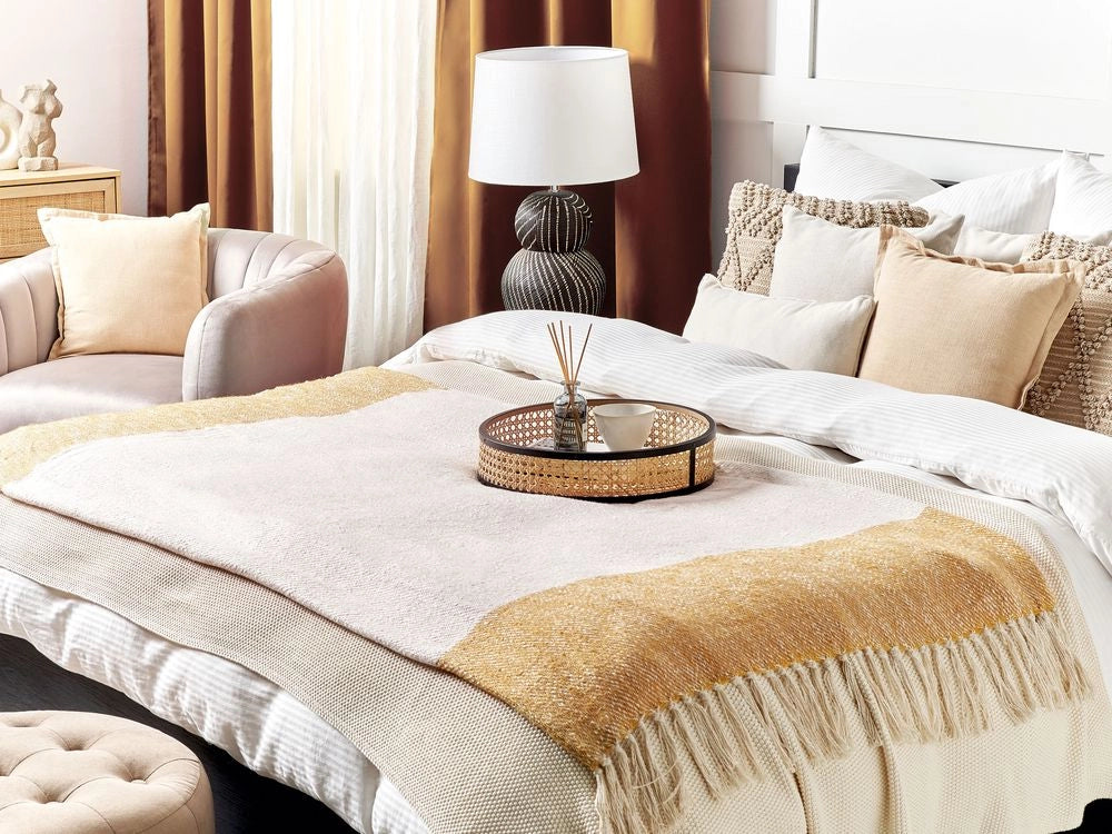 Coperta in cotone acrilico beige arancione 130 x 170 cm motivo a righe nappe boho soggiorno camera da letto