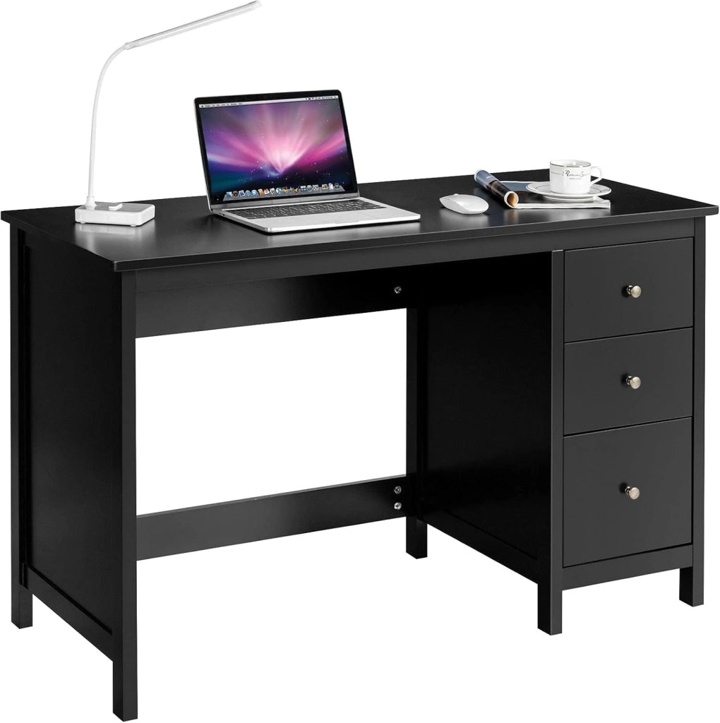 Scrivania per Computer con 3 Cassetti, Scrivania Salvaspazio con Dispositivo Antiribaltamento, Postazione di Lavoro Multifunzionale per Casa e Ufficio, 120 x 50 x 75 cm (Nero)