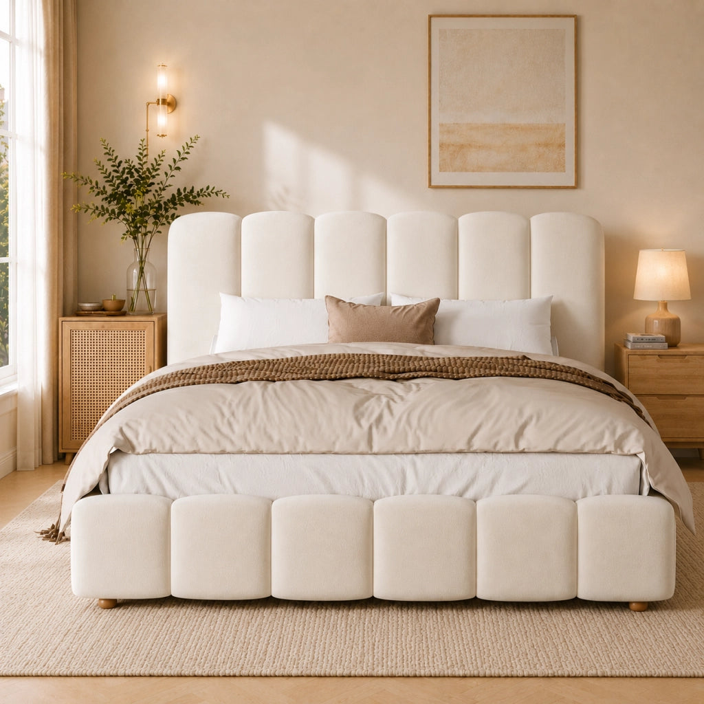 Letto imbottito con contenitore idraulico, 140x190 cm, velluto beige