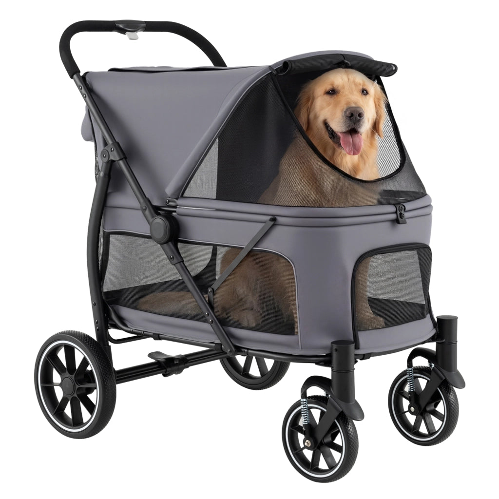 Passeggino pieghevole per cani entrata bassa tettuccio regolabile in rete tasche porta oggetti, Cintura di sicurezza carrello viaggio 4 ruote cani e gatti Grigio