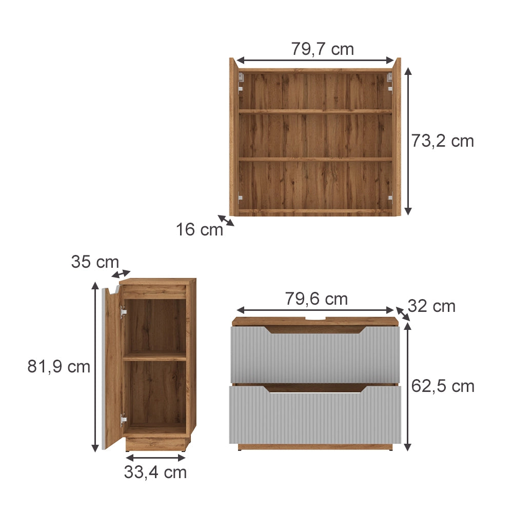 Vicco Set di mobili da bagno Rovere/grigio a righe 3 parti