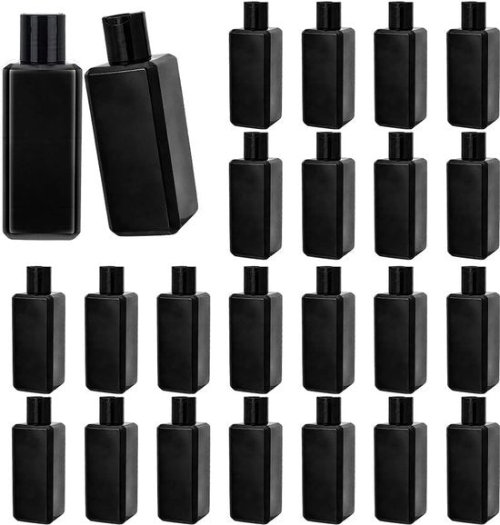 Bottiglie a schiuse a pressione 25 pezzi 200 ml - Bottiglie in plastica nera - Chiusura a disco - Imbottigliamento sicuro - Per shampoo/lotion - Dimensioni compatte 47 x 47 x 135 mm - Fles