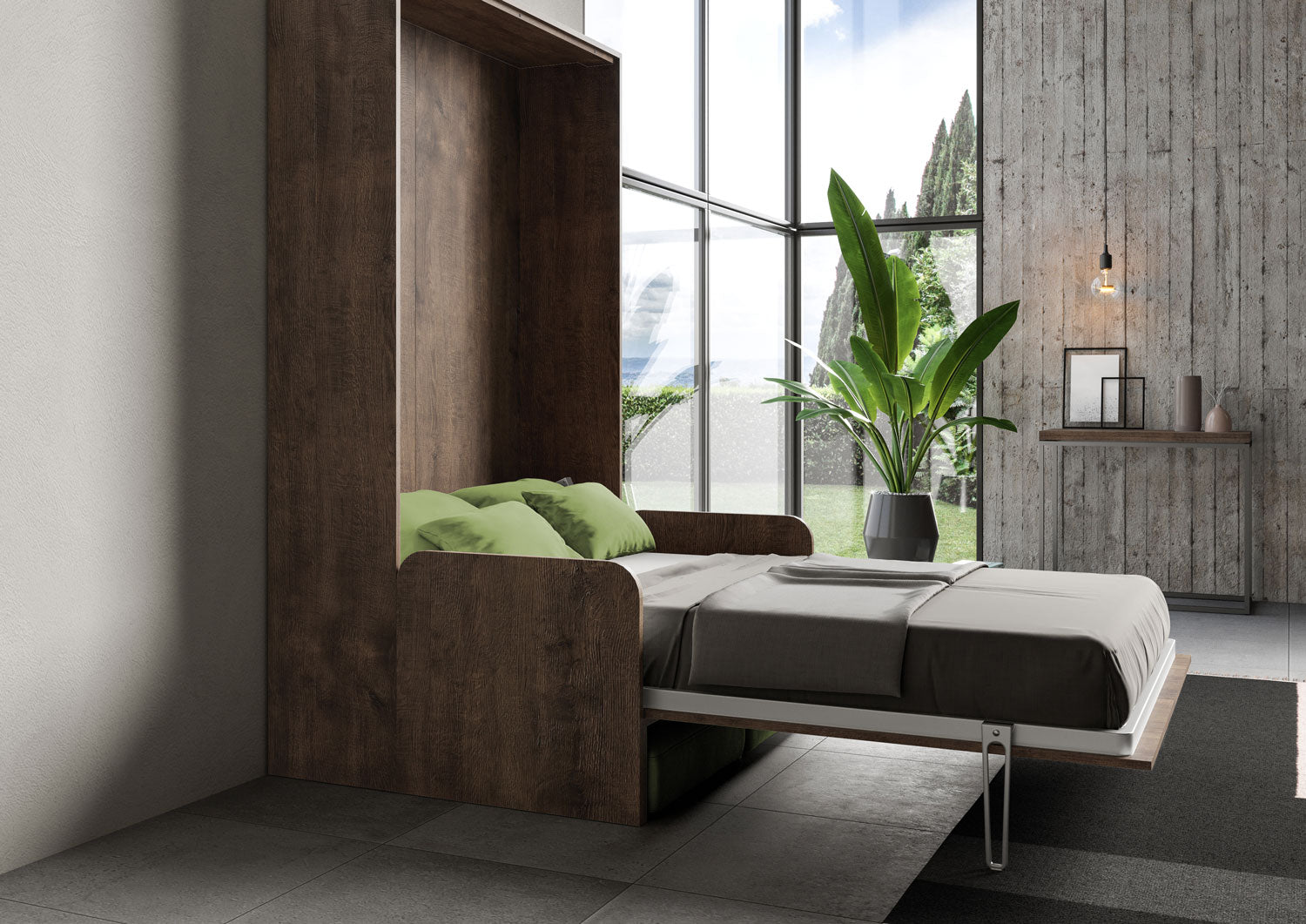 Letto Una Piazza E Mezzo A Scomparsa 120 Kentaro Con Divano Noce e Verde