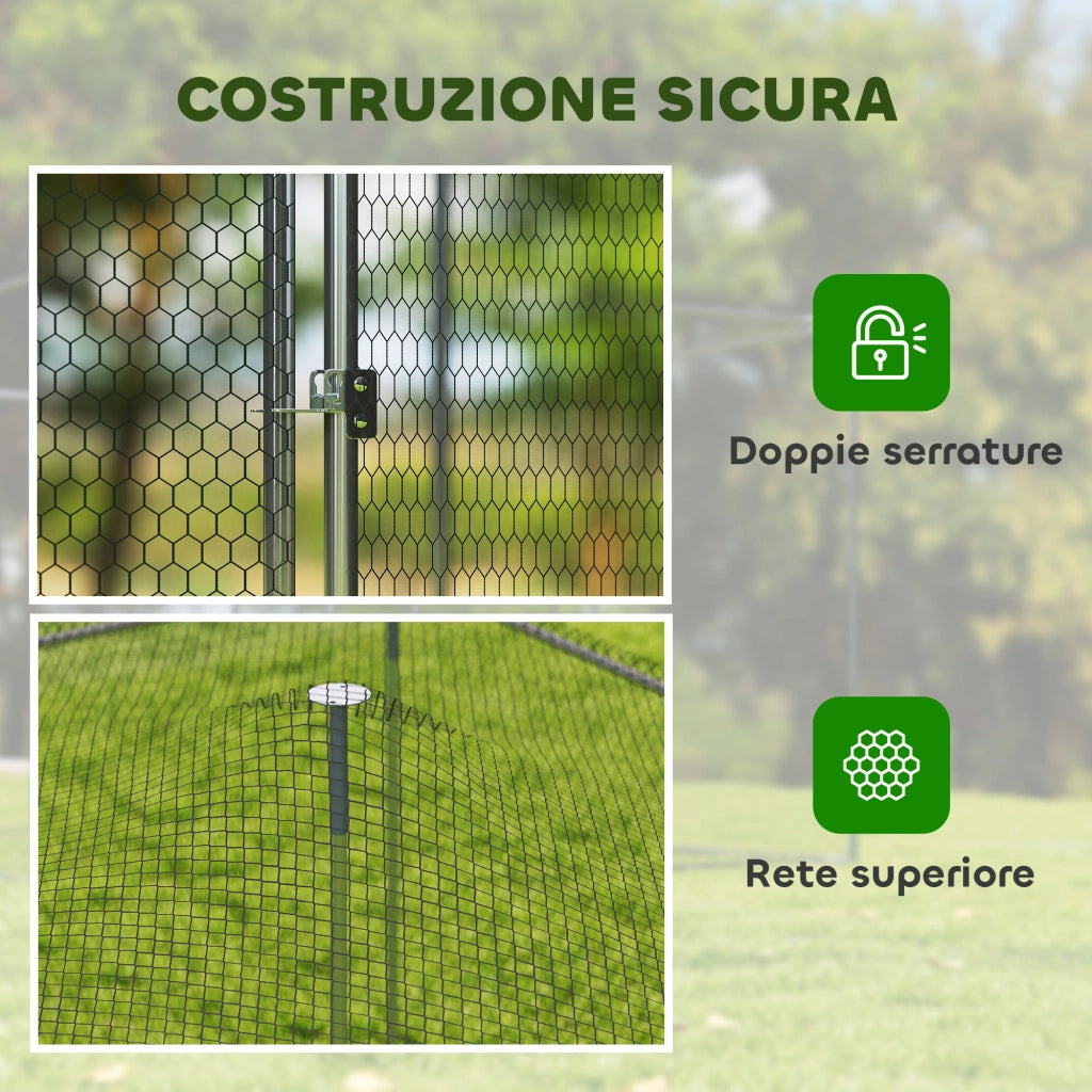 Pollaio per Galline da Esterno 400x300x197 cm con Tetto e Serrature in Acciaio Zincato Argento