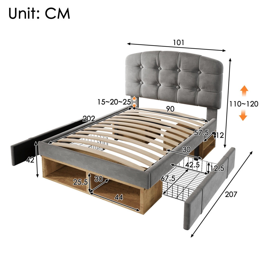 Letto singolo 90x200 cm con cassetti e vano contenitore; velluto grigio