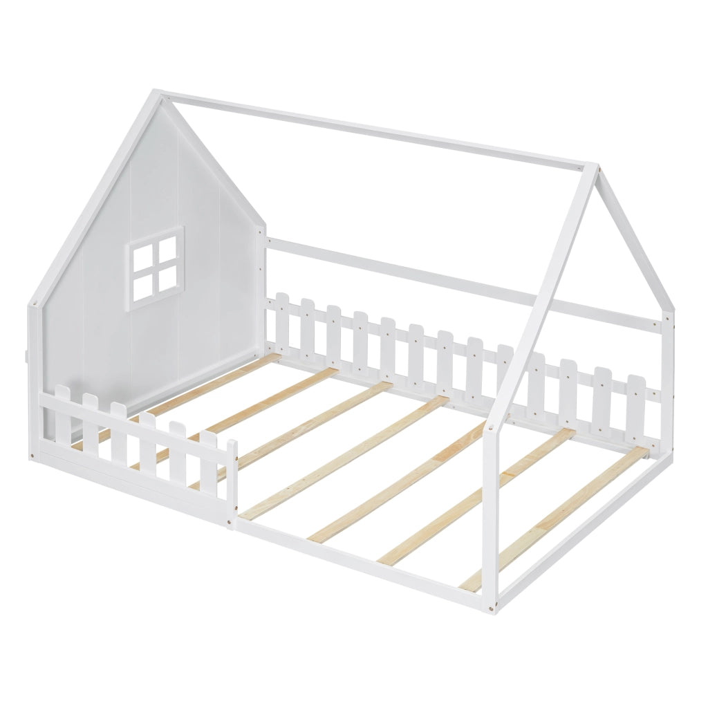 Letto a Casetta 140×200 cm; Letto Singolo con Sponda; per Bambino; senza Materasso; in Pino e MDF; Bianco