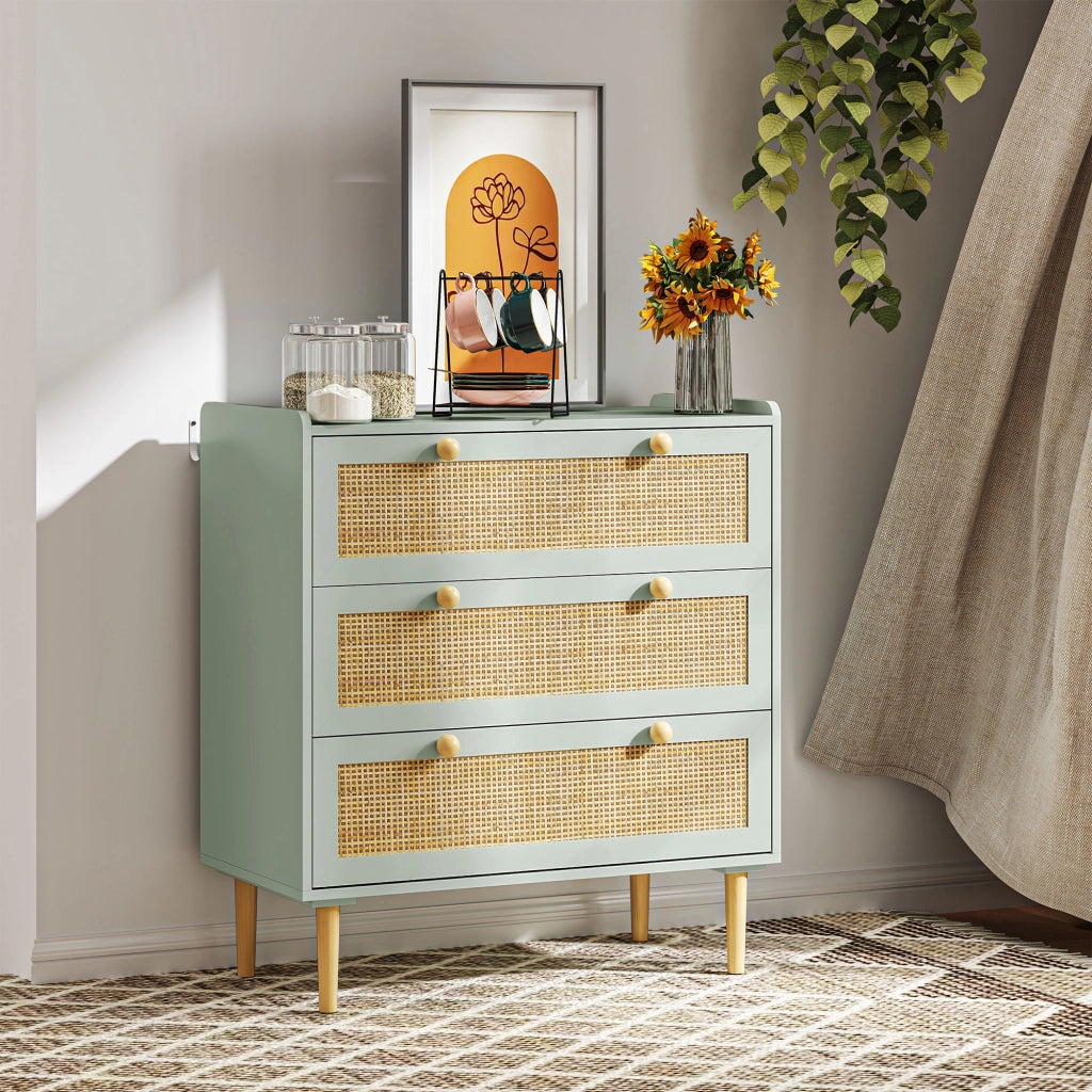Cassettiera con 3 Cassetti, Fronte in Rattan, MDF ¨C zephmum ¨C Verde