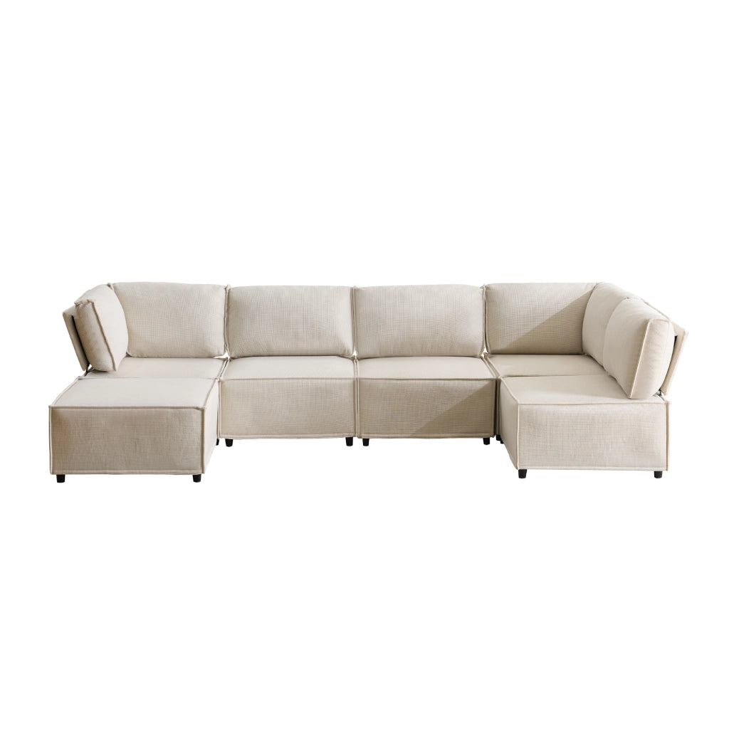Divano angolare modulare componibile con seduta comoda e rivestimento in lino beige 308 × 152 × 77 cm