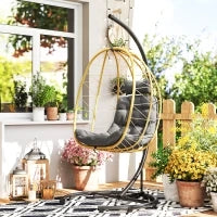 Poltrona Sospesa e Pieghevole con Cuscini, in Acciaio e Rattan PE, 102x102x195 cm, Nera Grigia e Beige