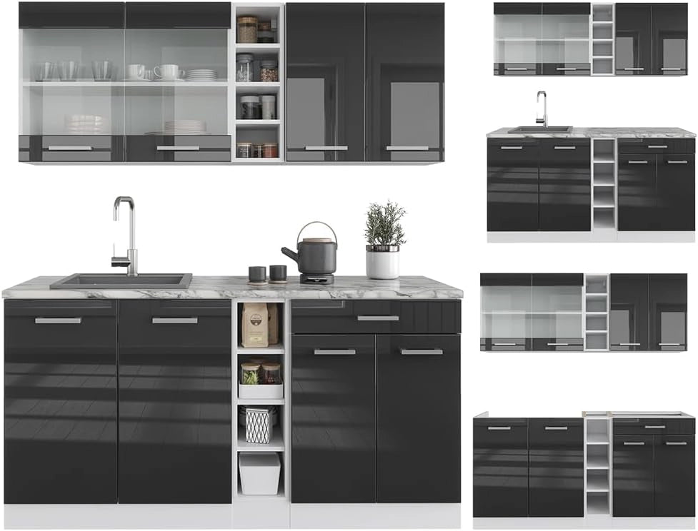 Cucina completa R-Line, Antracite lucido/bianco, 160 cm, PL Antracite, con disposizione flessibile dei moduli ed espandibile