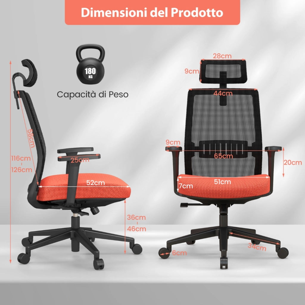 Sedia da ufficio regolabile in altezza con poggiatesta comfortevole, Sedia ergonomica con schienale traspirante Nero-Sedie da ufficio