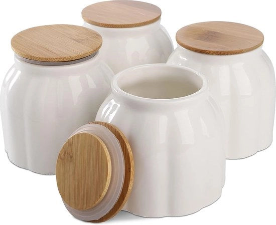4 contenitori di conservazione alimentare in ceramica da 10oz con coperchio aereostatico in bambù contenitori in ceramica bianchi con coperchio di contenimento per biscotti, farina, zucchero, semi di zucca.