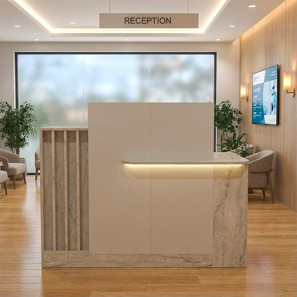 Bancone Reception Dayana 150 cm Cashmere e Travertino con LED – Design Moderno