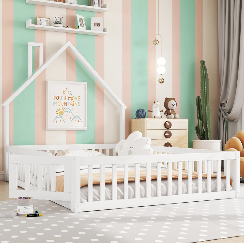 Letto per bambini 140x200 cm; forma camino; legno; bianco (Senza materasso)