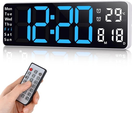 Cronografo digitale da parete, display da 13 pollici con alimentazione USB, orologio digitale con telecomando, indicazione dell'ora, funzione di conta indietro, sveglia digitale con data, giorno e temperatura (blu, 13 pollici)