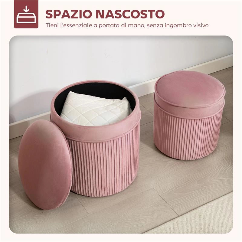 SET 2 POUF POGGIAPIEDI ROTONDI IMPILABILI E IMBOTTITI CON RIVESTIMENTO IN VELLUTO, CONTENITORE DA 34.8L, ROSA