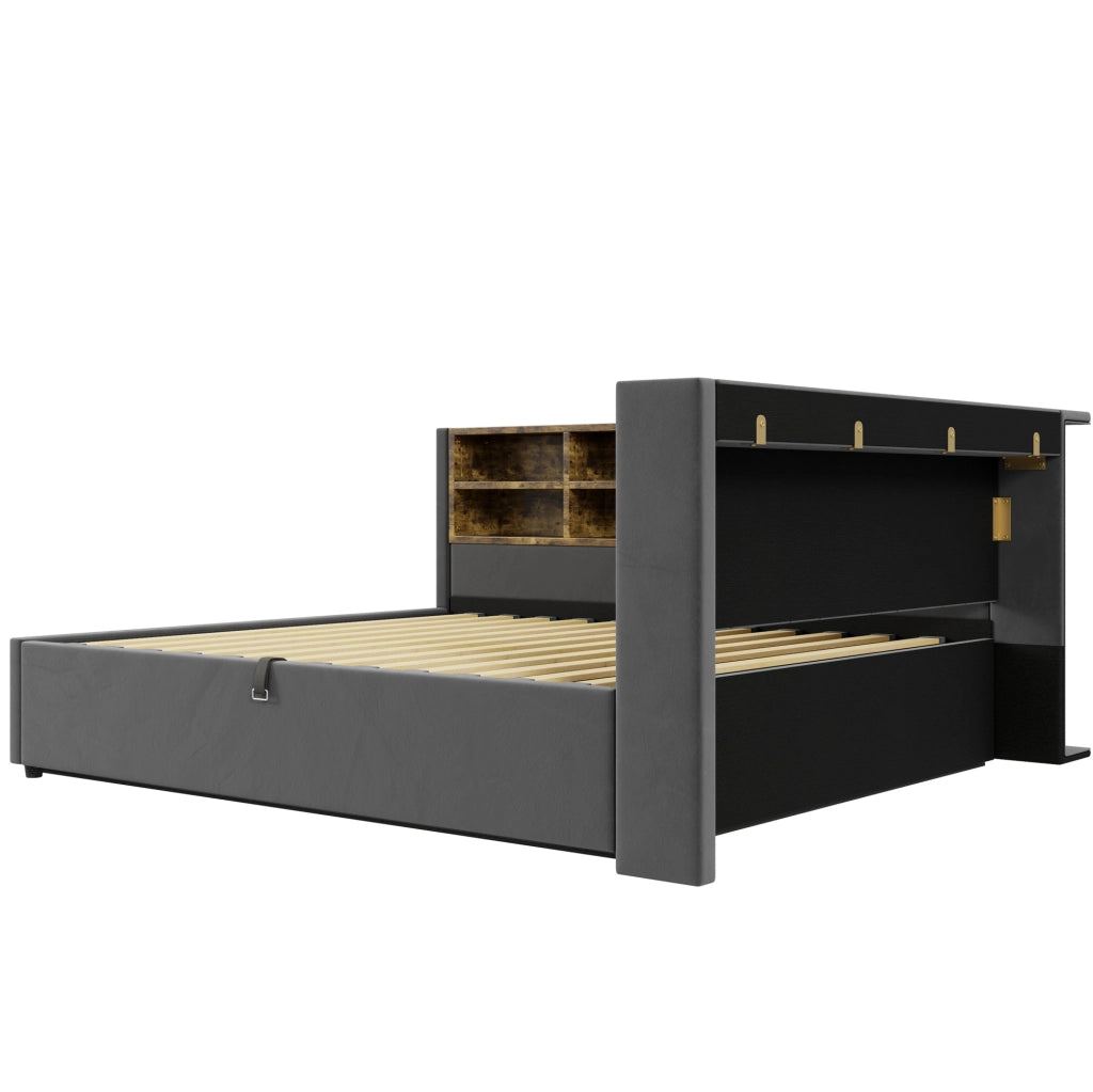 Divano letto imbottito 140x200 cm in velluto grigio con stoccaggio idraulico; USB e Type-C