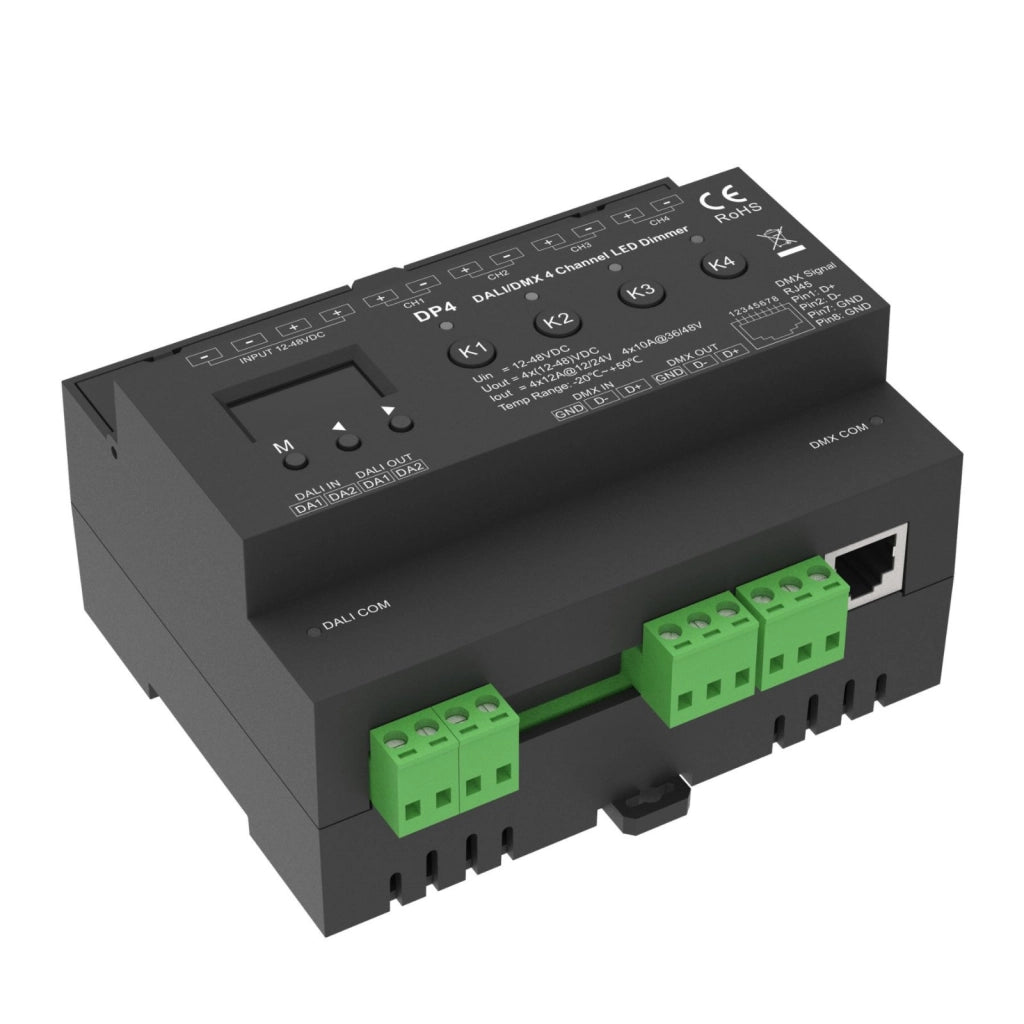 Dimmer DALI DMX Professionale, 4 Canali Guida DIN, OLED Display, 4X12A@12V/24V, 4X10A@36V/48V, DALI-2, DMX512, PWM, 4 Indirizzi, DT6 DT8 per Strisce LED Monocolore CCT RGB RGBW