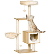 Tiragraffi per Gatti con 2 Pali Casetta e Lettini 48x40x126 cm in Legno Peluche e Sisal Beige