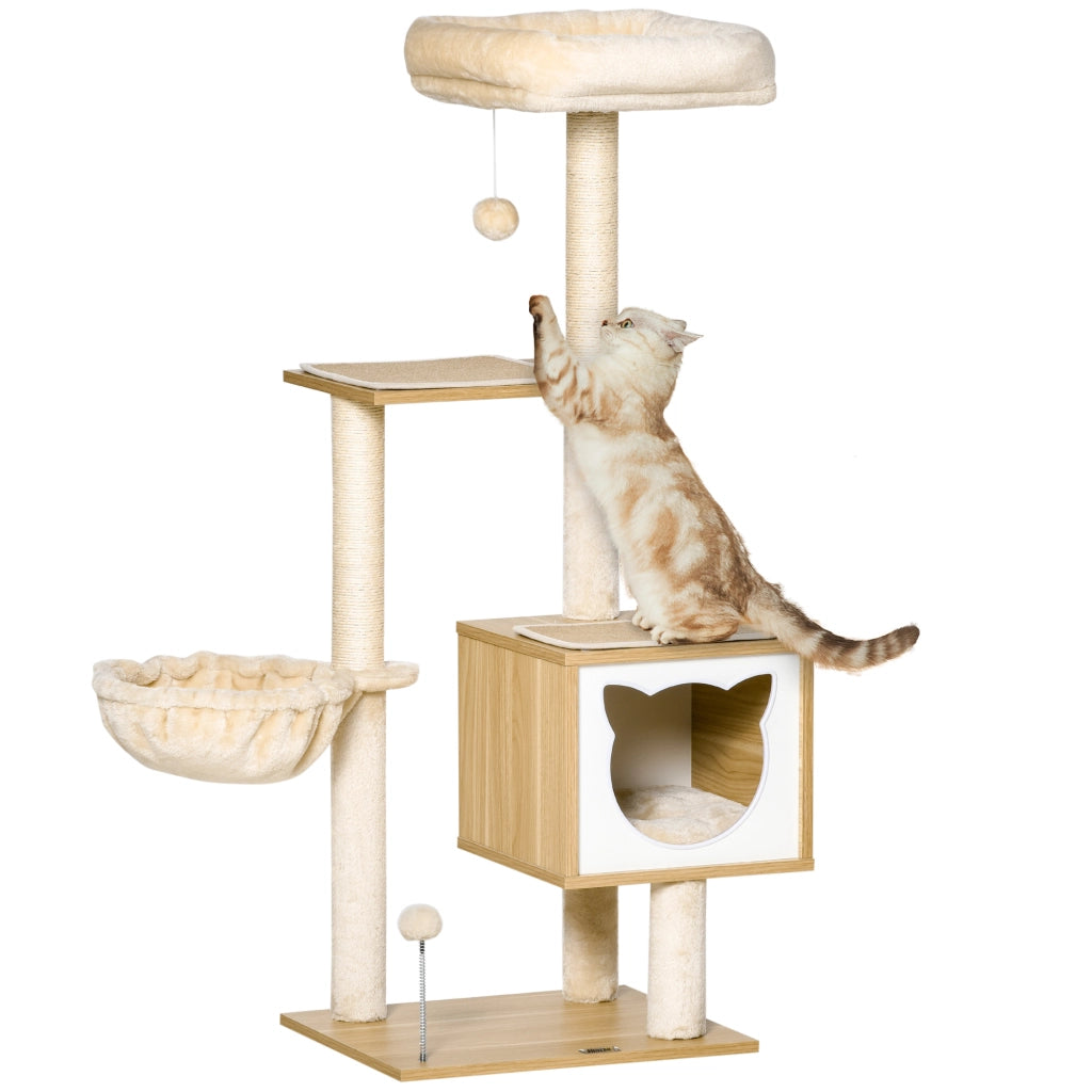 Tiragraffi per Gatti con 2 Pali Casetta e Lettini 48x40x126 cm in Legno Peluche e Sisal Beige