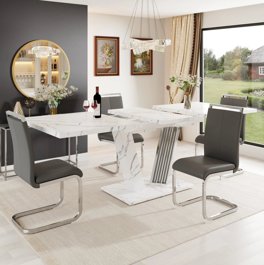 Tavolo da pranzo allungabile 120(160)x80x76 cm con piano effetto marmo; MDF e metallo bianco