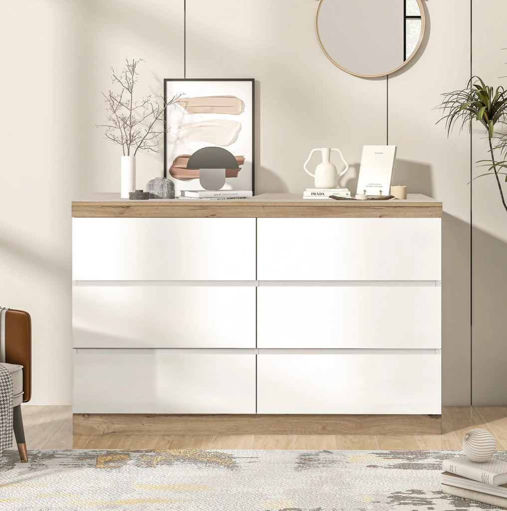 Cassettiera classica con 6 cassetti bianco e rovere