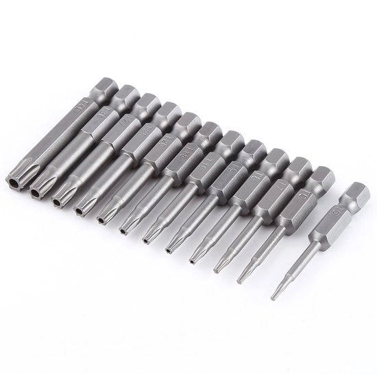 Set di Bit Torx 12 pezzi - Acciaio S2 di alta qualità - 1/4 pollice - Resistente al tentativo di apertura - Attrezzo - Precisione - Professionale - Per lavori di fai da te - Set