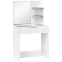 Tavolo da Trucco con Specchio, 3 Ripiani ad Angolo e Cassetto, in Legno e Vetro, 75x40x137 cm, Bianco