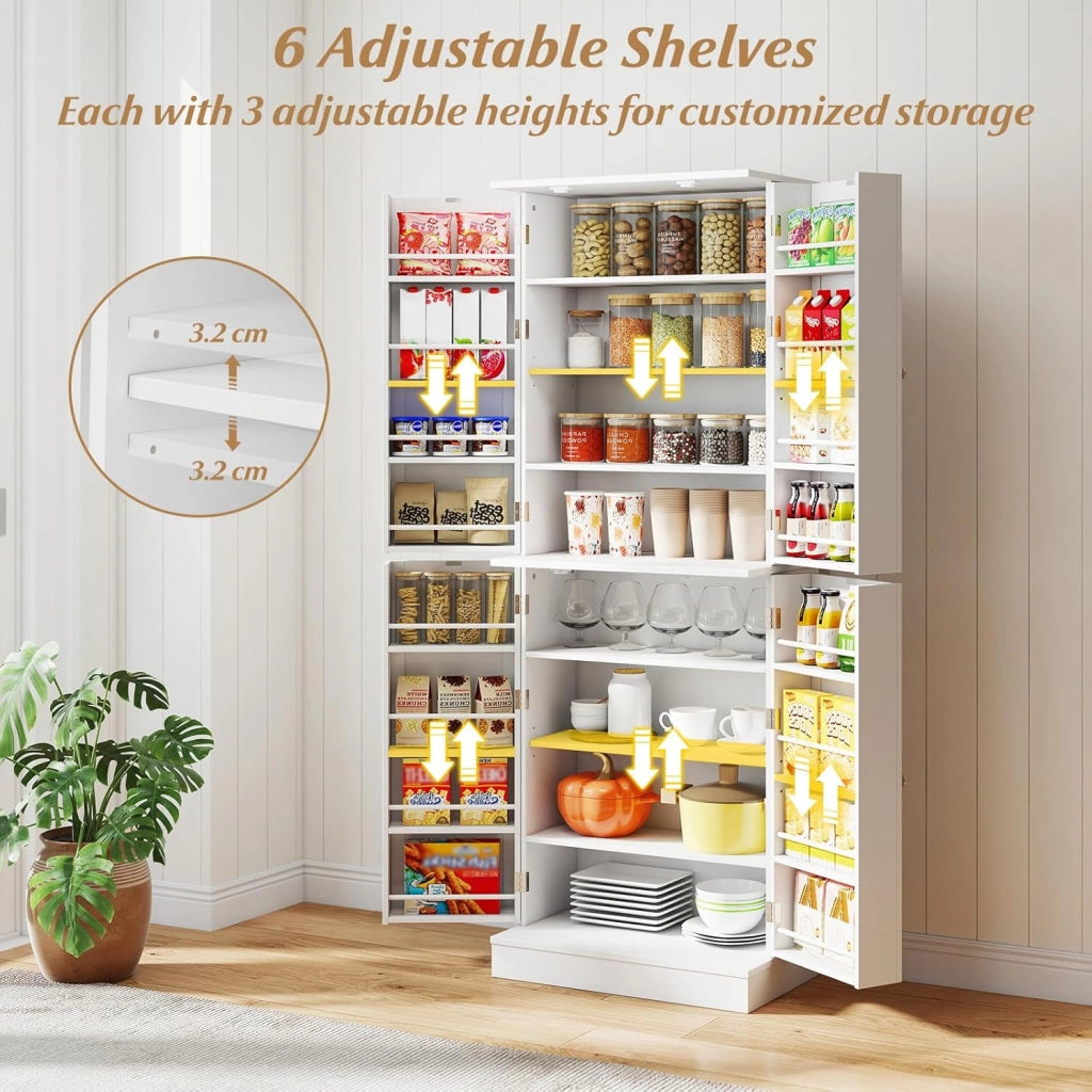 Armadio da Cucina Alto a 8 Livelli, 60 x 35 x 166,5 cm, con 6 Ripiani Regolabili e Ante, Credenza Moderna per Sala da Pranzo e Soggiorno, Bianco