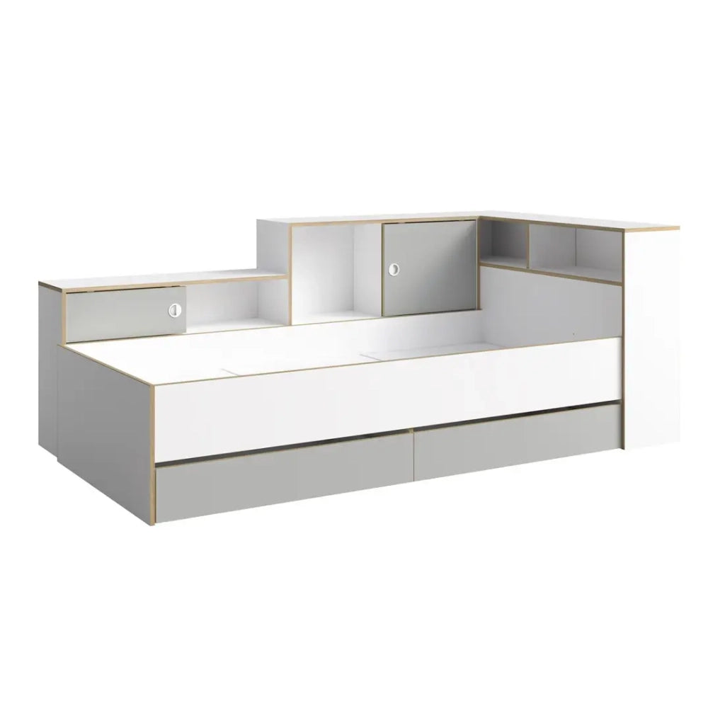 Letto per bambini ELYO – 90x200 cm – Con cassetti, nicchie e scaffali – Grigio, bianco & rovere chiaro