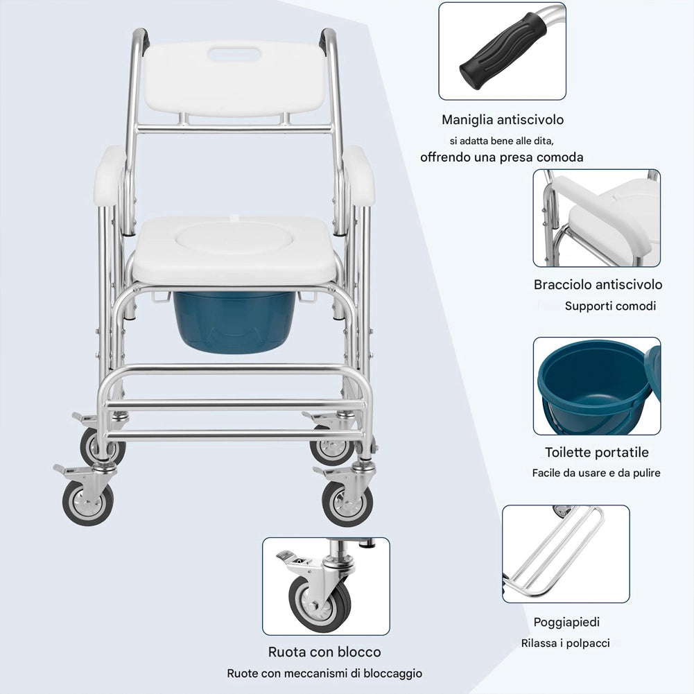 Sedia a Rotelle Impermeabile per Anziani Disabili con WC Coperchio Seduta Comoda