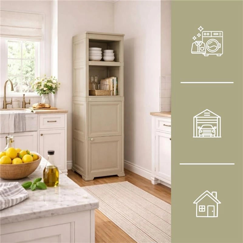 MOBILE BAGNO SALVASPAZIO 4 MODULI TAUPE 40X43X164 CM CON ANTA EFFETTO LEGNO E RIPIANI A VISTA – MOBILE CONTENITORE VERTICALE PER ARREDO BAGNO