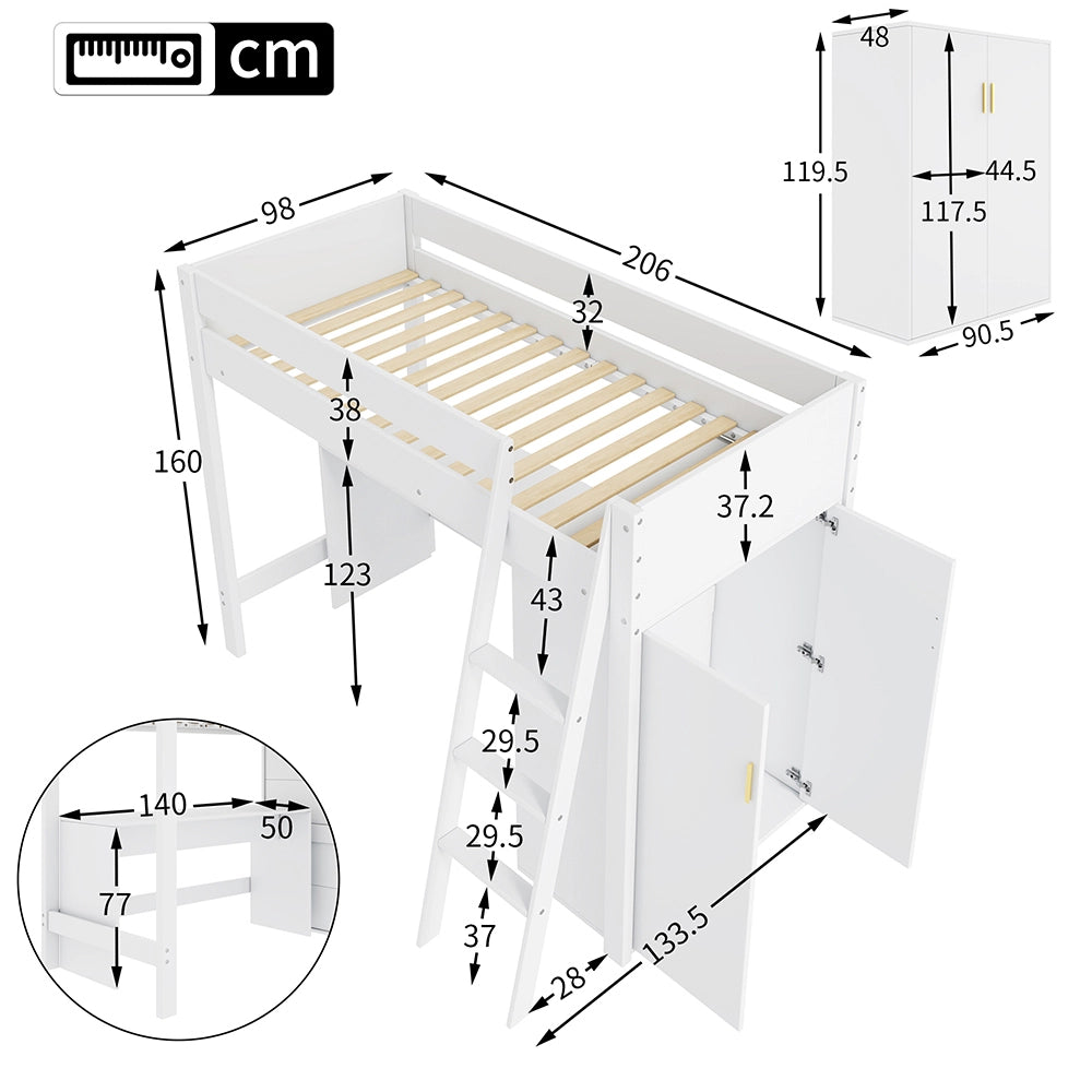 Letto a soppalco per bambini - Xylo - 90??200 cm - Bianco - Scrivania e armadio combinabili