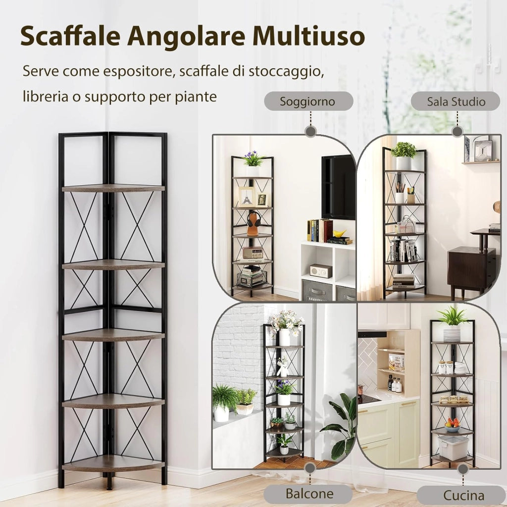 Scaffale Angolare, Libreria Industriale a 5 Ripiani con Struttura in Metallo, Libreria a Scale per Soggiorno Ufficio Cucina Spazi Piccoli, 35x35x160 cm (Grigio Rovere)