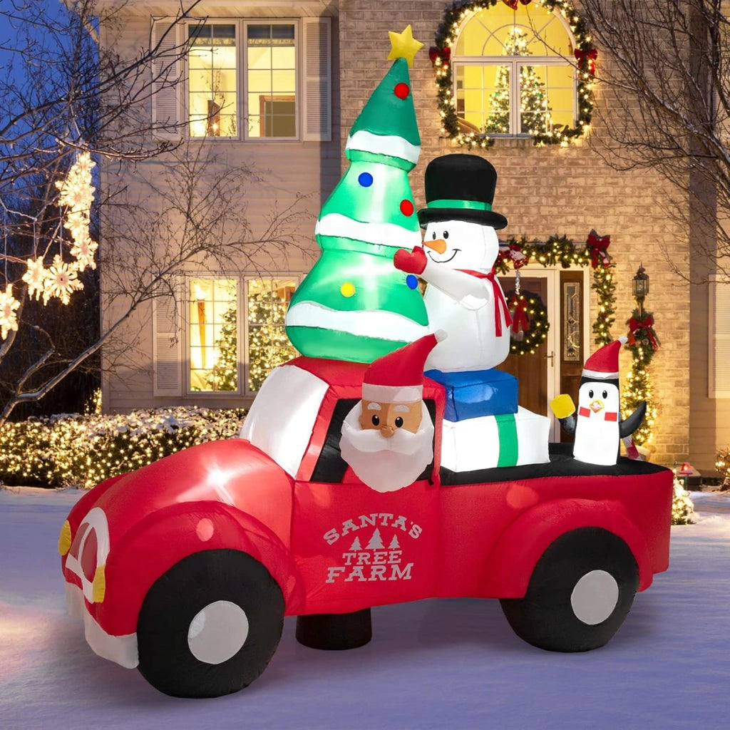 Decorazione Gonfiabile di Natale 240 cm, Gonfiabile di Babbo Natale con Pupazzo di Neve e Pinguino con LED e Soffiatore, per Prato, Casa, Festa